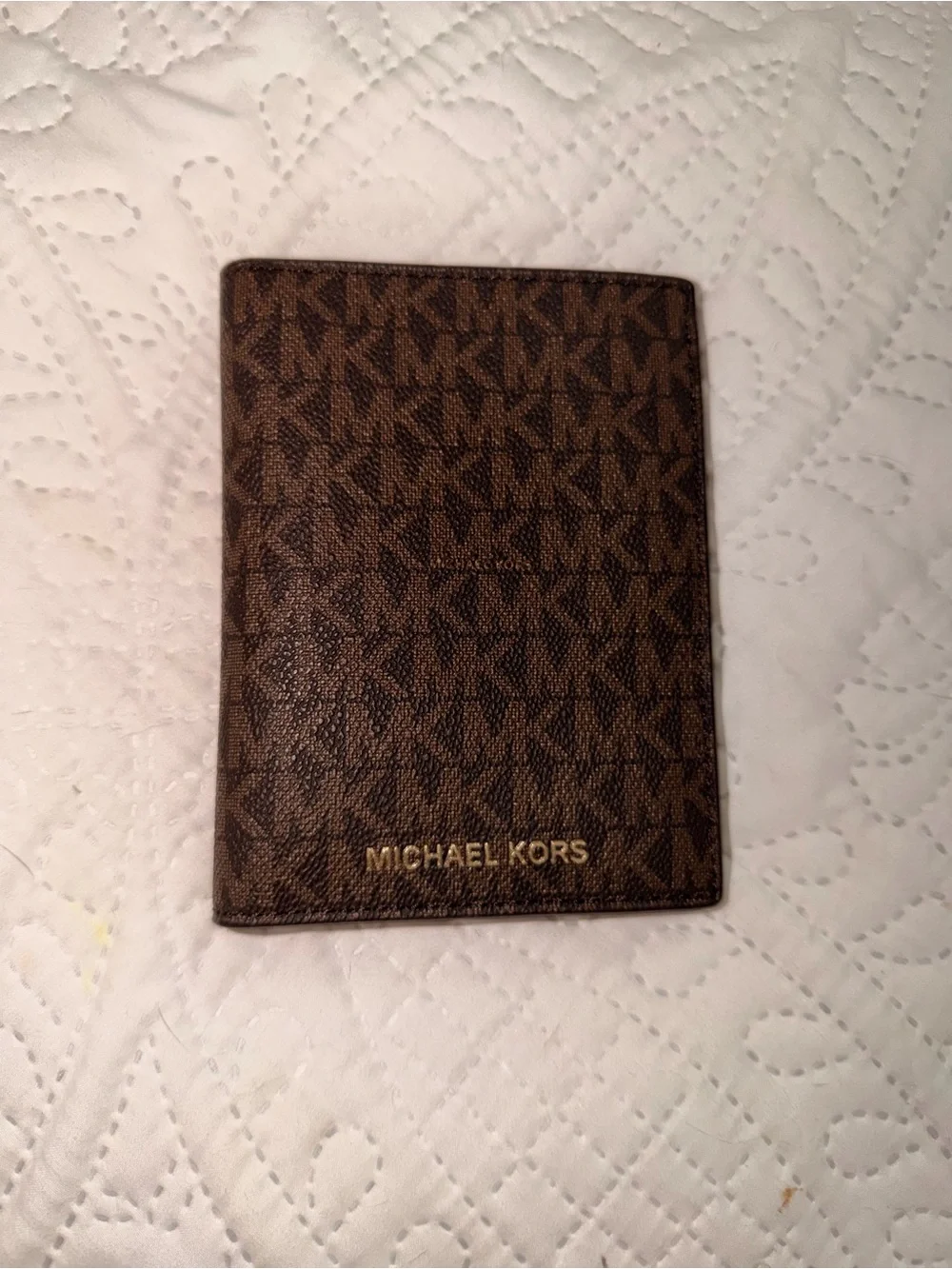 Michael Kors Brown Monogram Passport Cover with Gold Logo